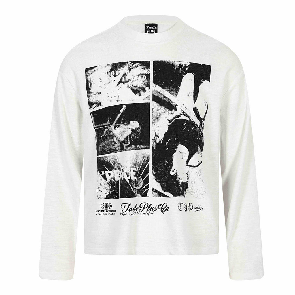 Rock Print Design Long Sleeve Distressed Washed Look Loose Fit T-Shirt