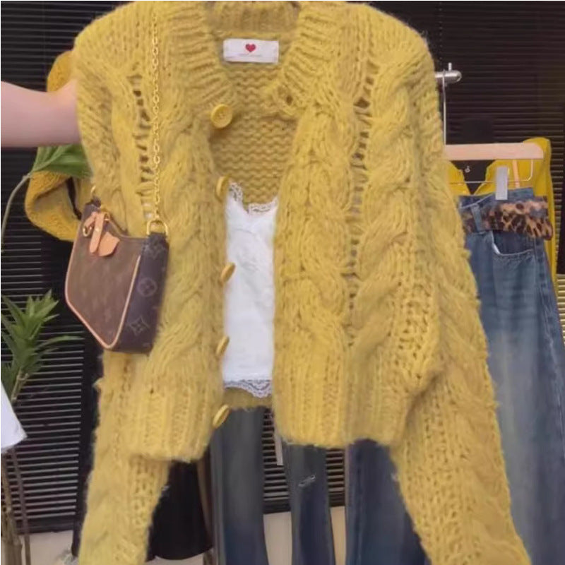 Laid-back Style Soft Knit Sweater, French Vintage Yellow Single-breasted Long Sleeve Sweater Coat for Women