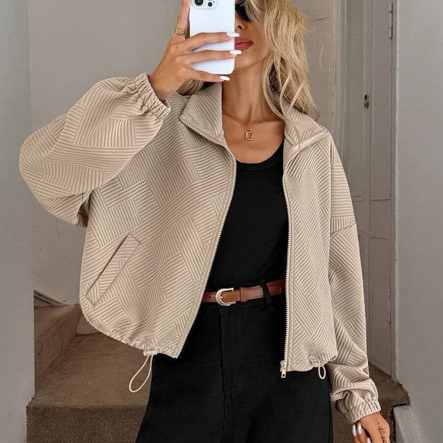 High neck zipper hem drawstring pocket women's loose jacket