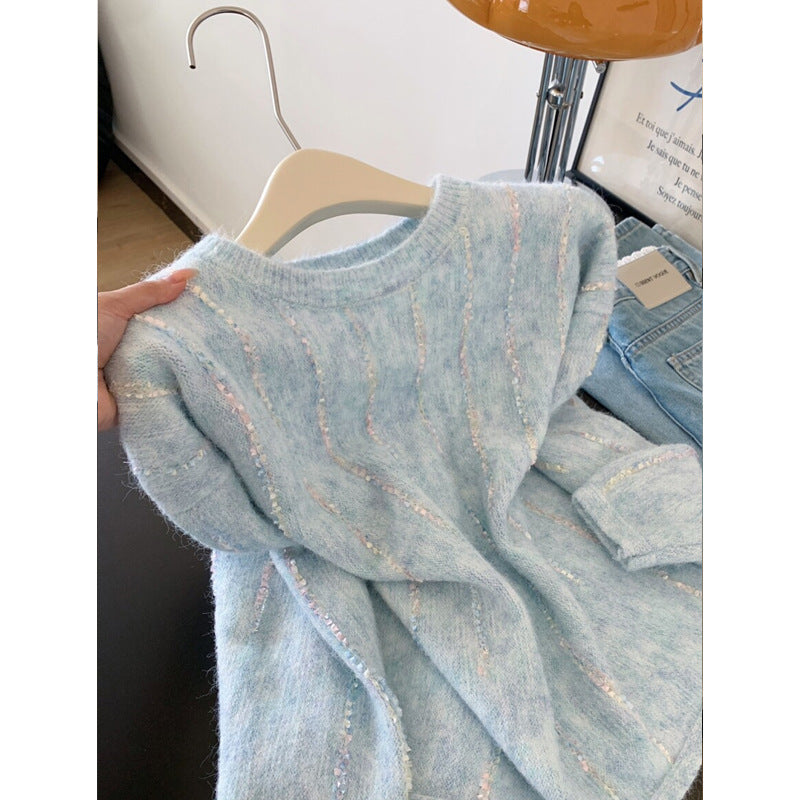 Chic Blue Stripe Crewneck Long Sleeve Knit Sweater for Women, Wearable as Outer or Inner Layer, Soft and Elegant Top