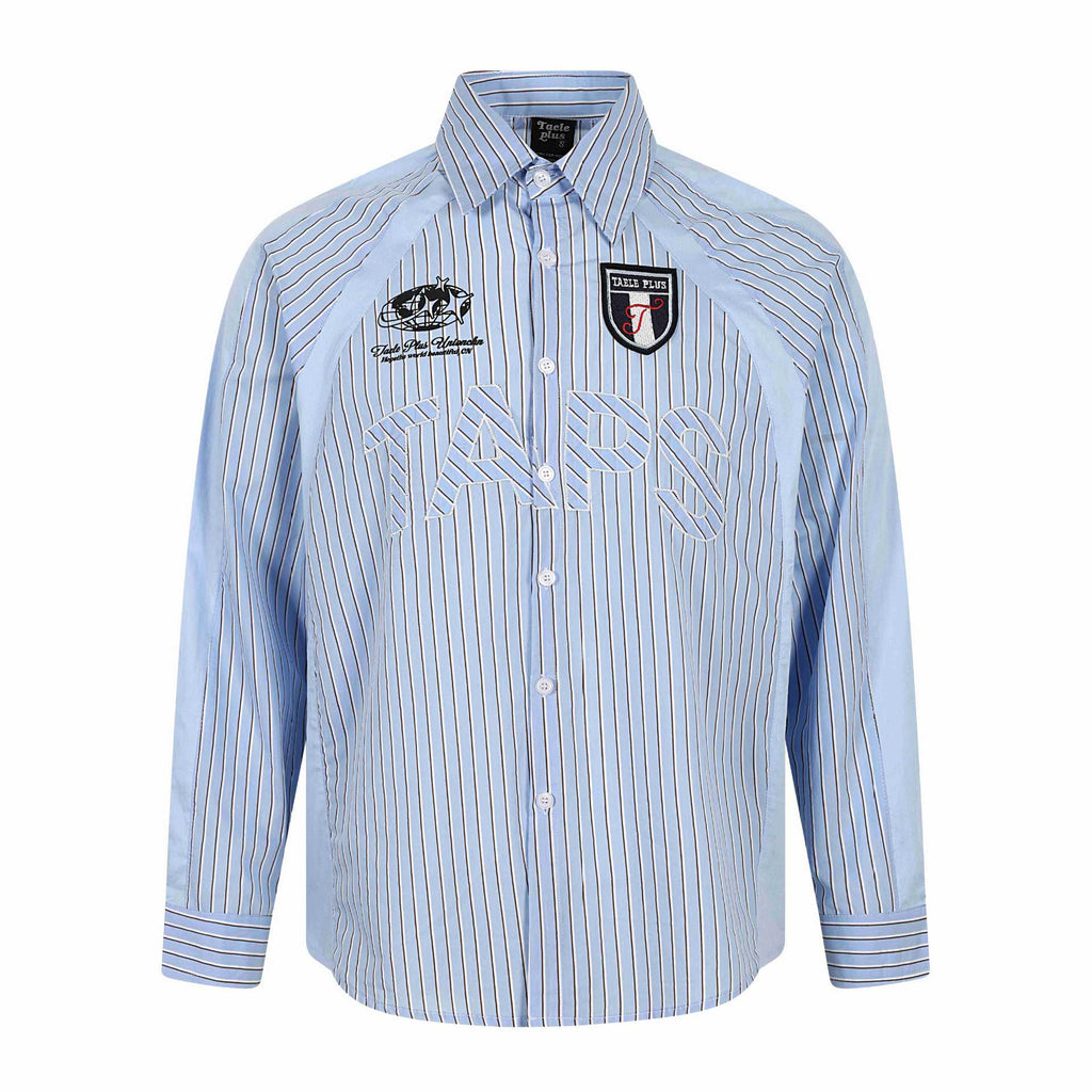 Trendy Striped Patch Ball Jersey Badge Loose Turn-down Collar Long Sleeve Shirt