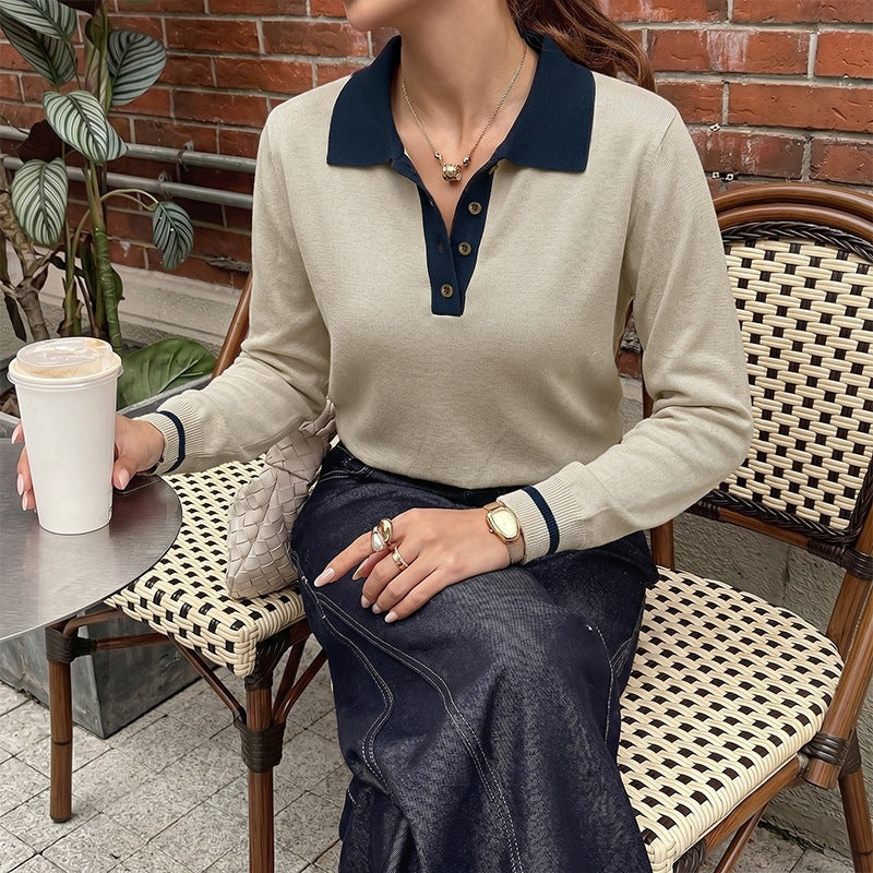 Polo collar half open collar contrasting color sweater for women