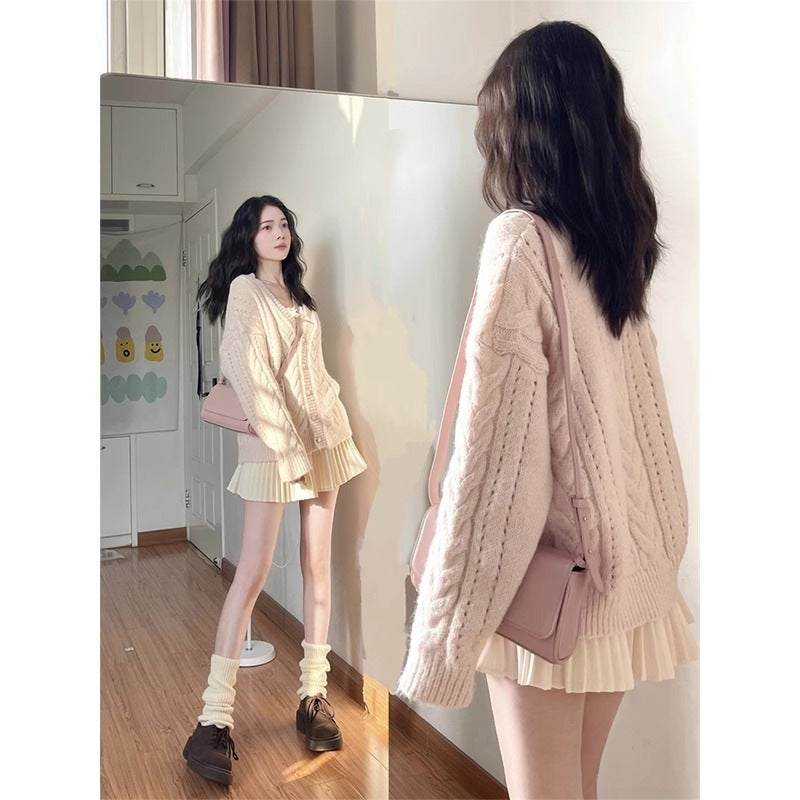 Pink Cable Knit V-Neck Sweater Coat for Women, Autumn and Spring, Loose Fit, Long Sleeve, Knitted Cardigan, Chic Fashion Top