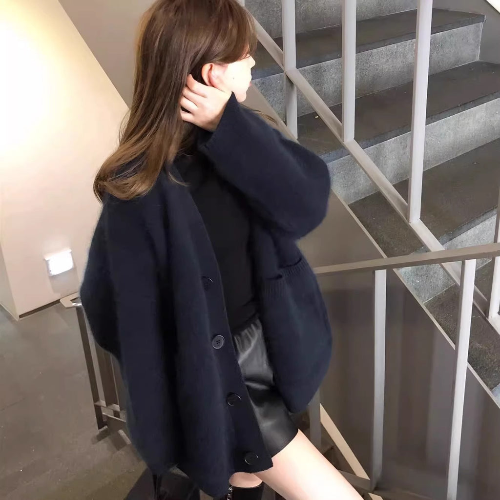 Faux Mink Knit Cardigan for Women, Mohair Soft Thick Loose Lazy Style Sweater Coat