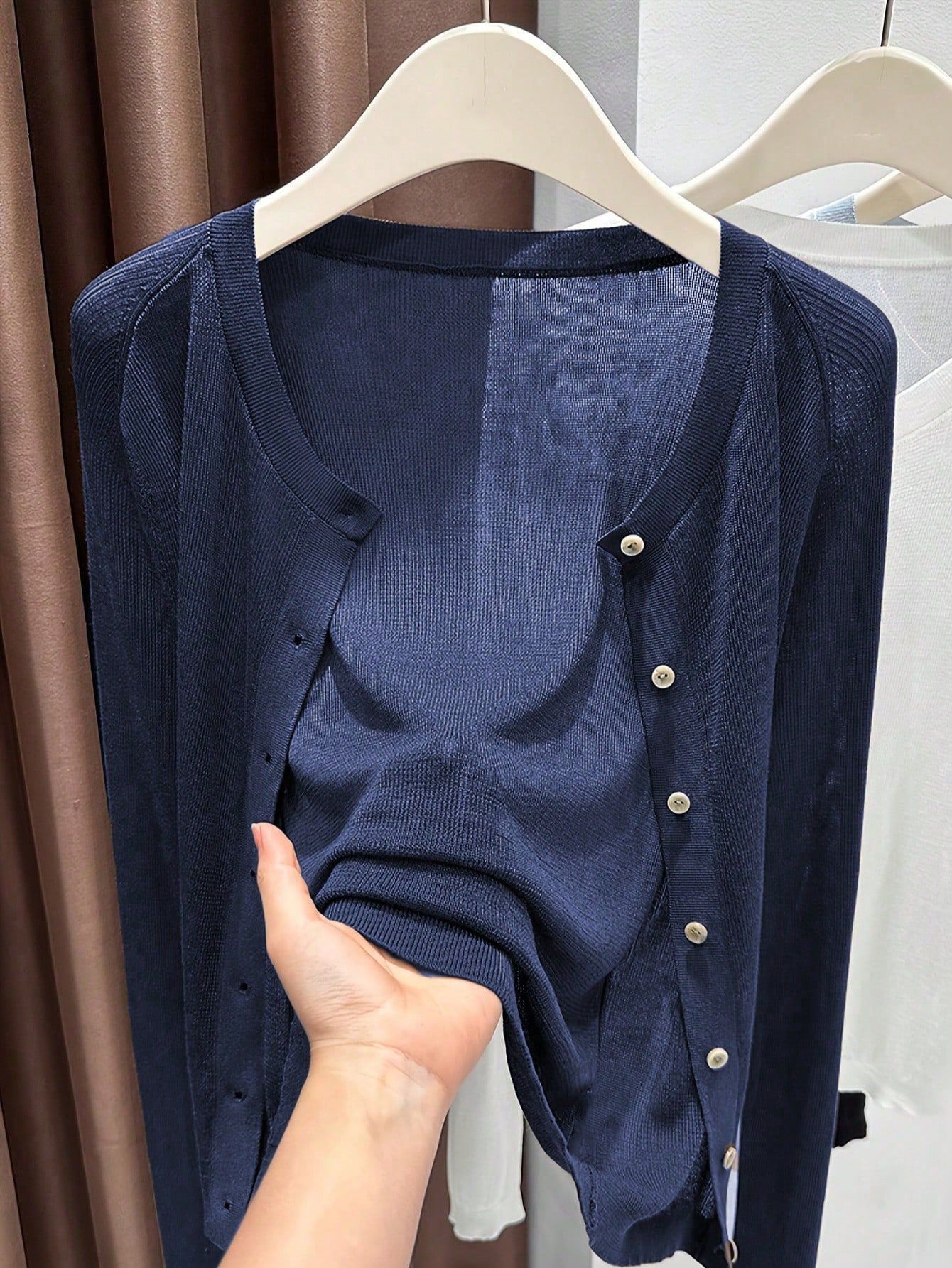 Spring Summer Women's Knit Cardigan Solid Color Round Neck Long Sleeve Lightweight Semi-Transparent Lyocell Tencel Cardigan