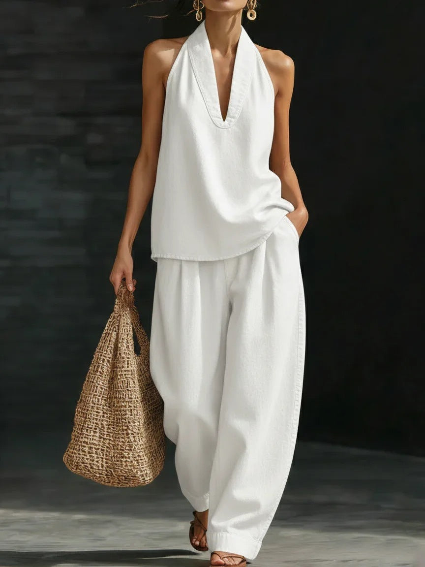 V-neck sleeveless top straight leg pants set