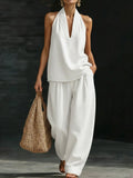 V-neck sleeveless top straight leg pants set