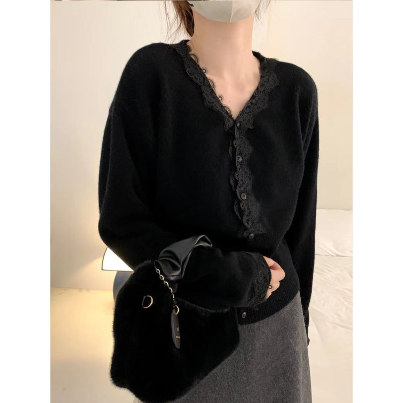 Lace Trim V-Neck Long Sleeve Knit Cardigan for Women, Versatile and Elegant Sweater Top