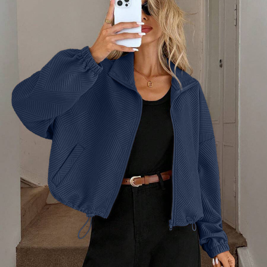 High neck zipper hem drawstring pocket women's loose jacket