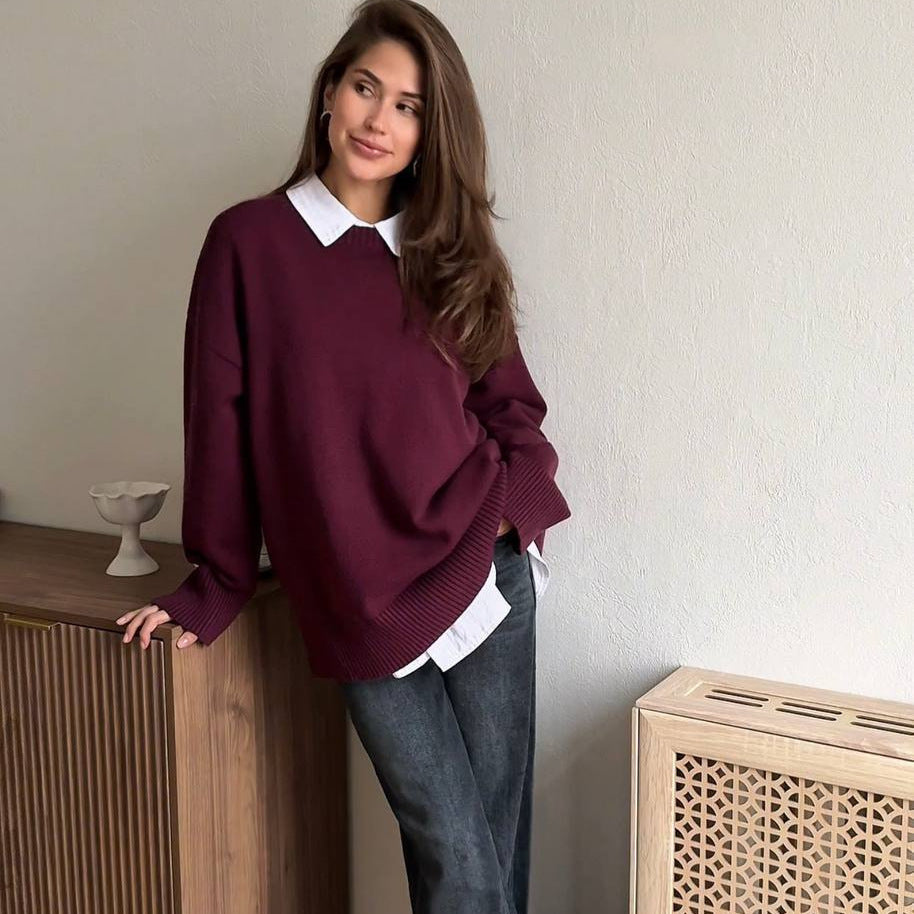 Loose Round Neck Pure Cotton Knit Sweater Solid Color Lazy Style Long Sleeve Pullover