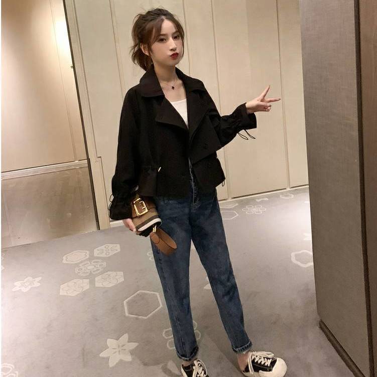 Women's autumn new women's clothing Korean version drawstring solid color short style windbreaker goddess versatile small and light mature top