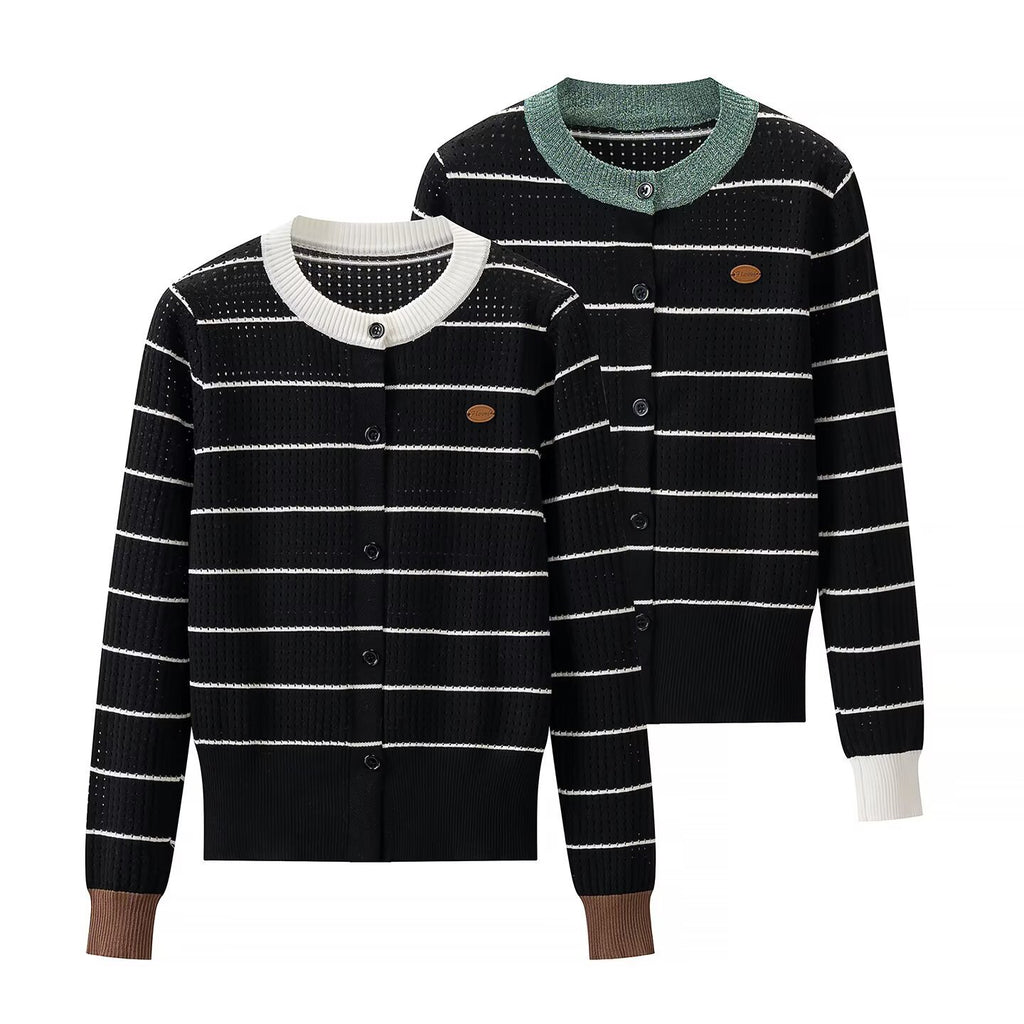 Lazy style contrasting hollow striped loose cardigan