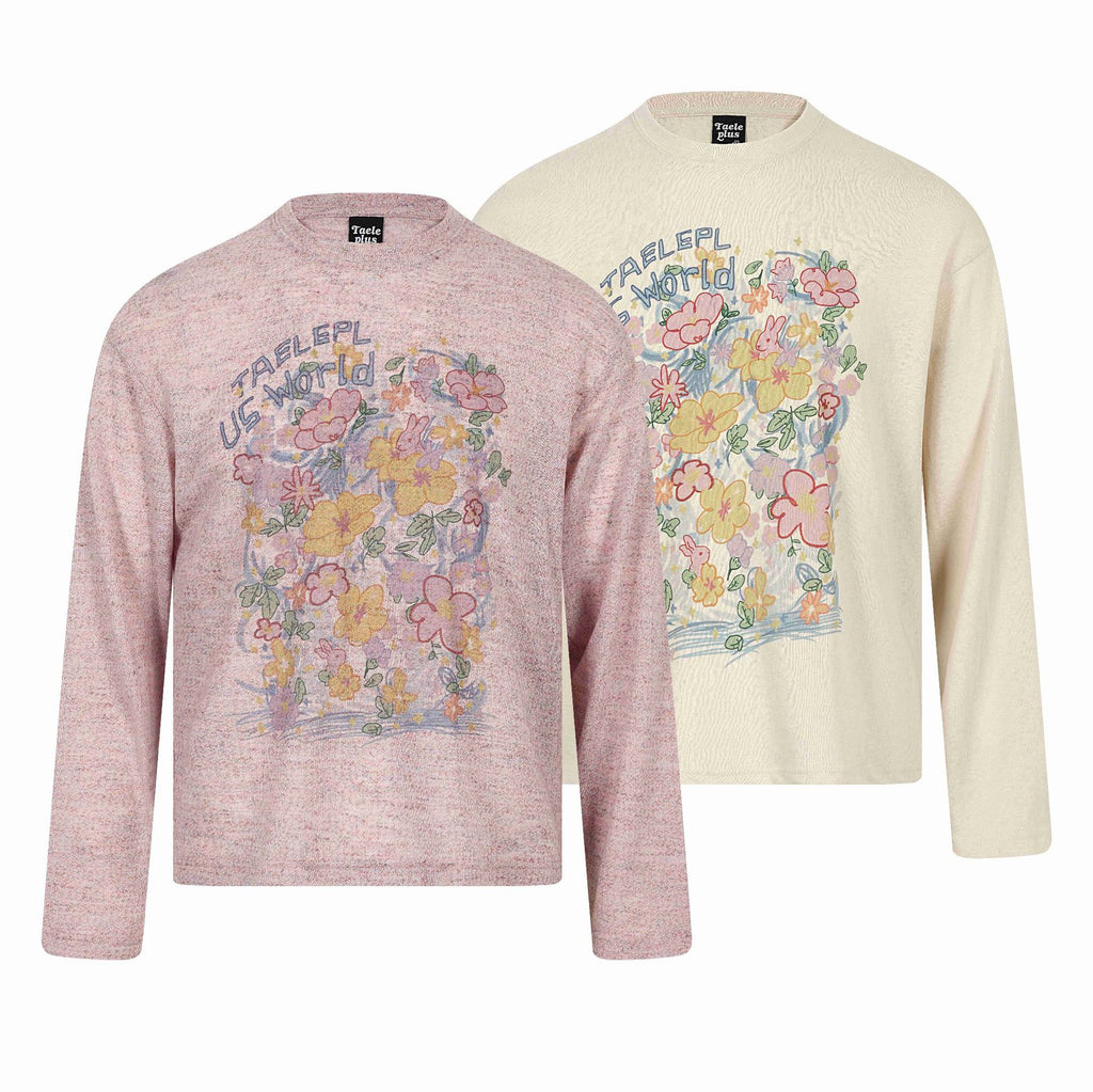 Floral Graffiti Print  Long Sleeve Round Neck Loose Fit T-Shirt