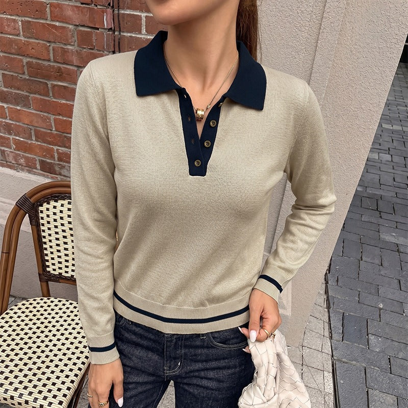Polo collar half open collar contrasting color sweater for women