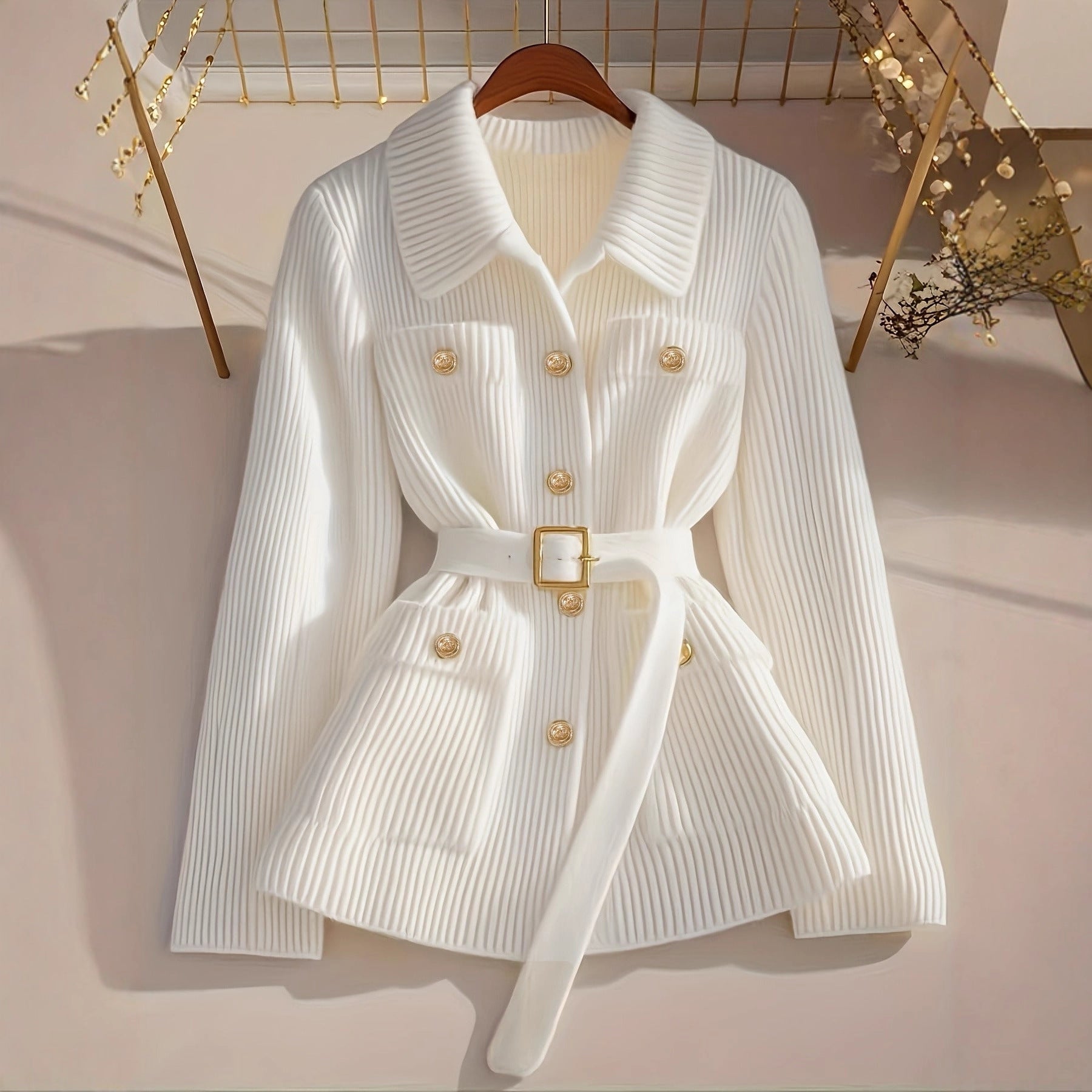 Elegant Casual Solid Color Knit Cardigan with Belt Thickened Women's Sweater Coat