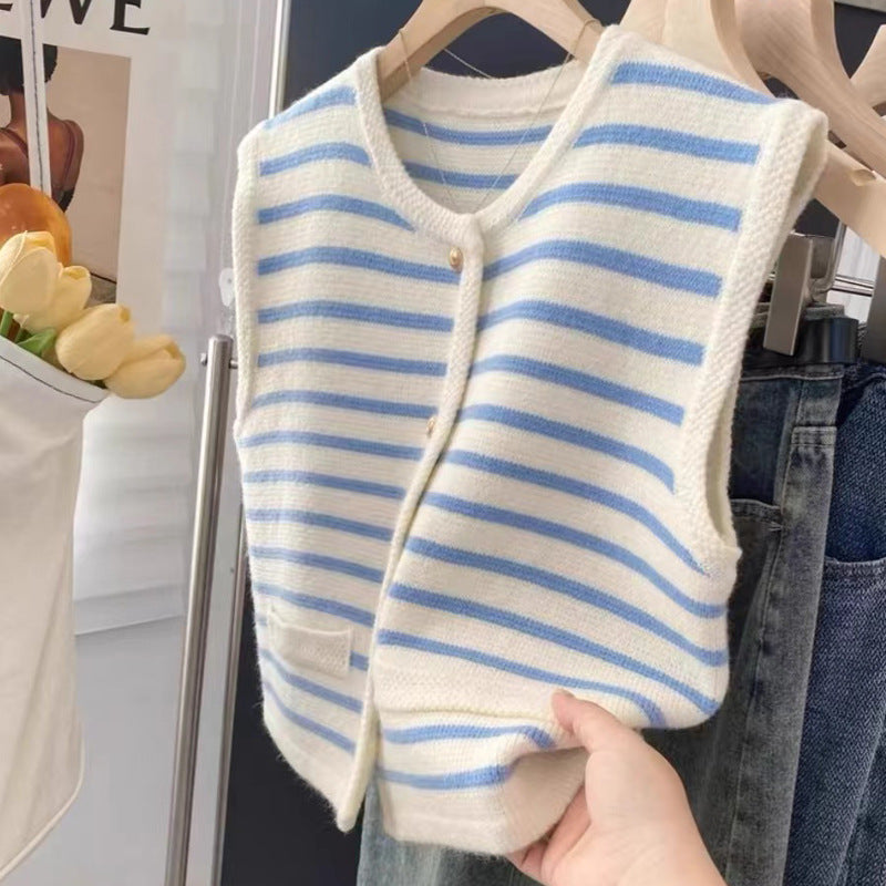 Chic Knitted Sweater Stripe Vest Women's Spring and Autumn Outerwear Sleeveless Cardigan Top