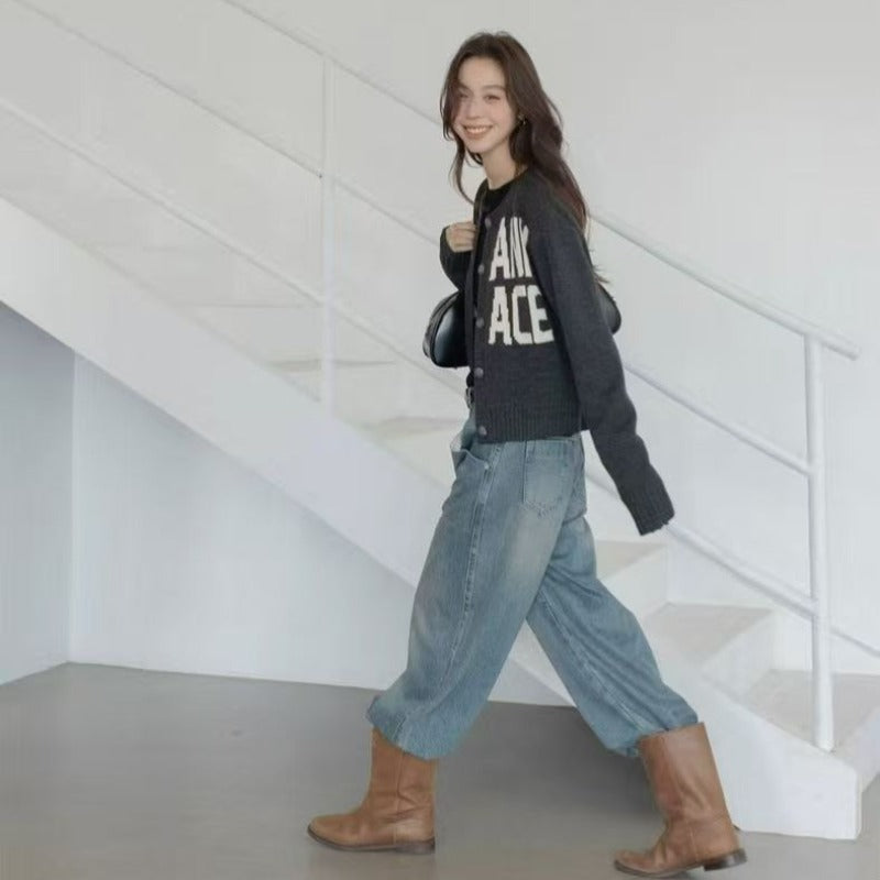 Fashion Women's Spring and Autumn Large Letter Knit Cardigan, Casual Versatile Short Jacket Top