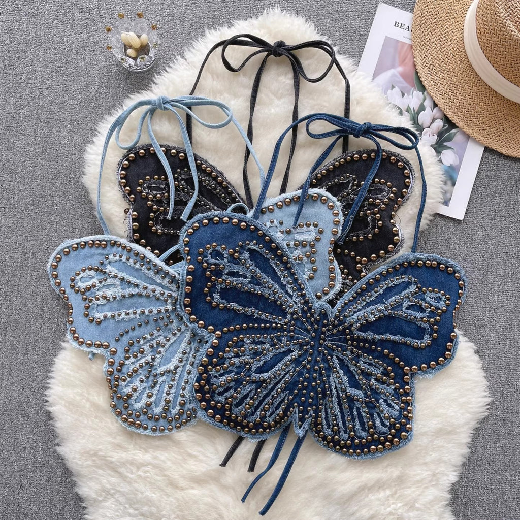 Women’s Backless Denim Butterfly Halter Top