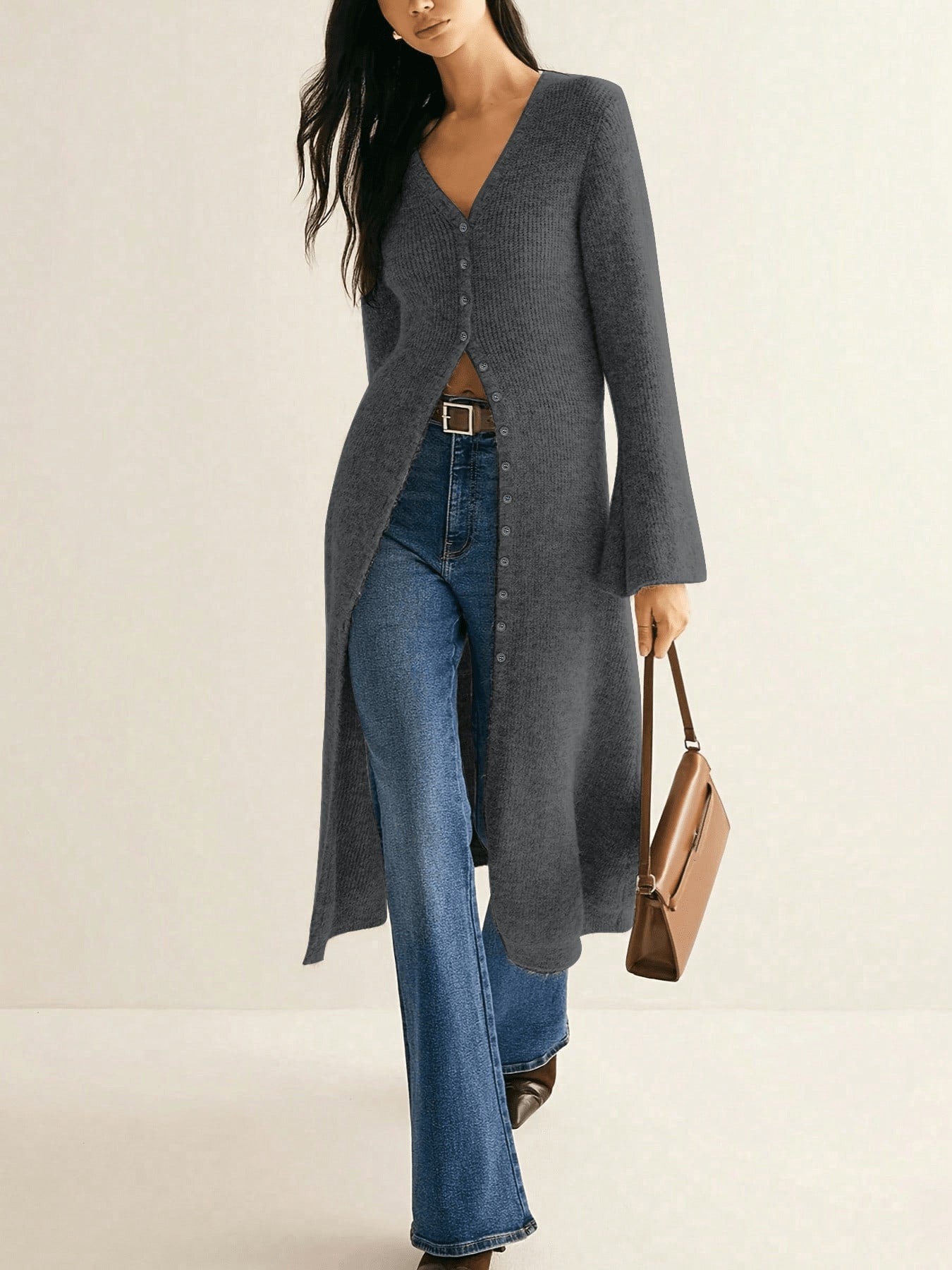 Vintage Elegant Long Sleeve Cardigan Knit Sweater Mid-Length Coat