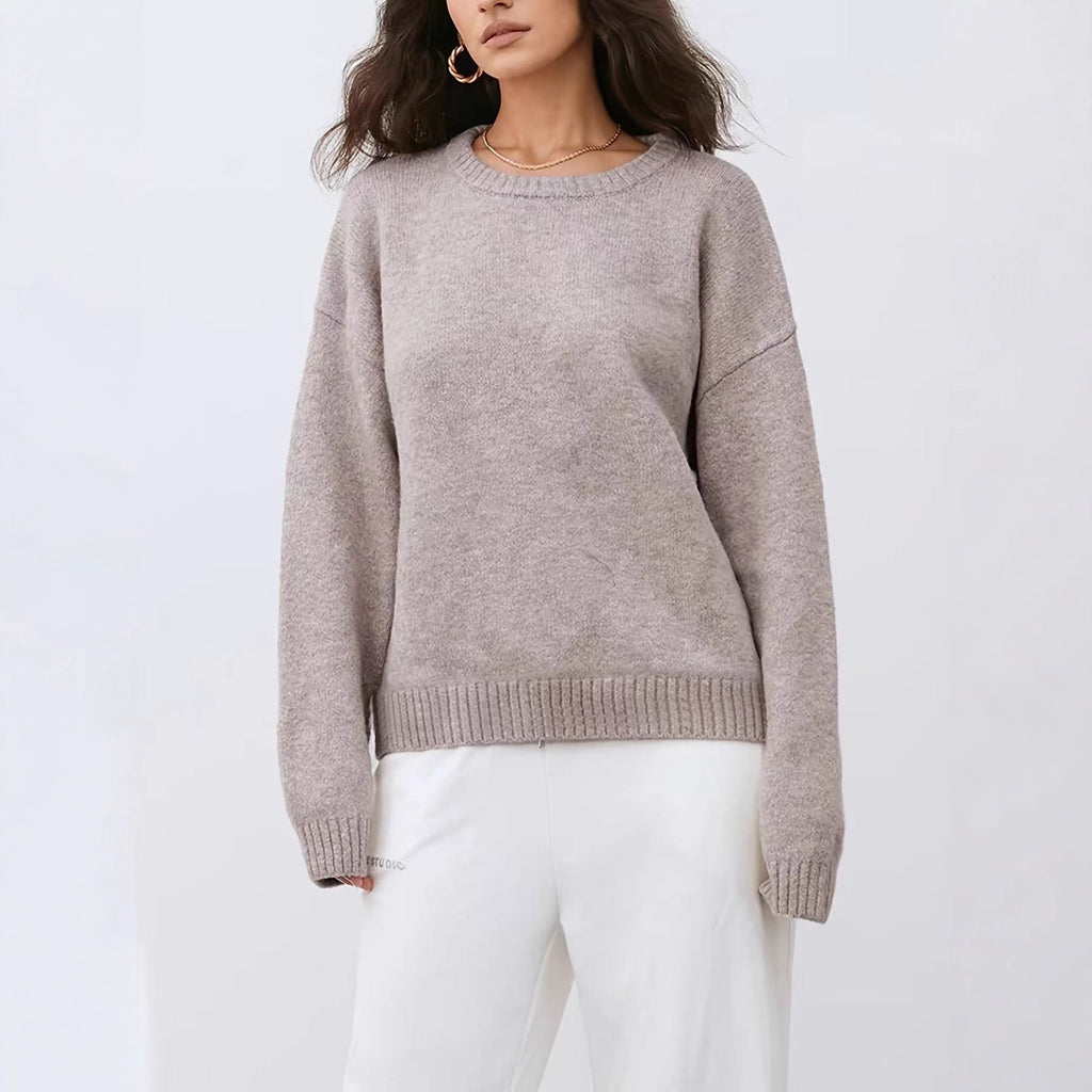 Solid Color Round Neck Sweater for Women, Soft Knit Top for Autumn and Winter