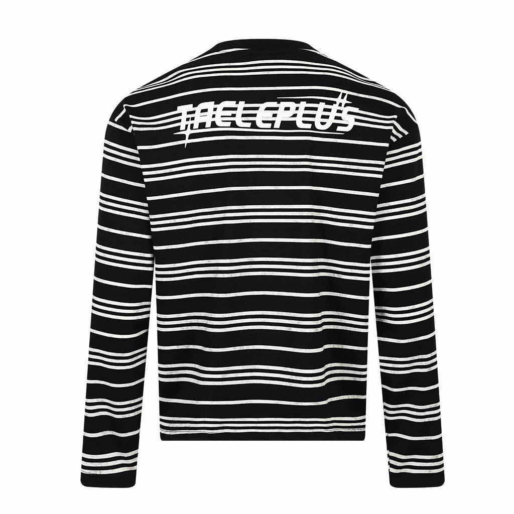 Distressed Black and White Striped Slogan Embroidered Loose Long Sleeve T-Shirt