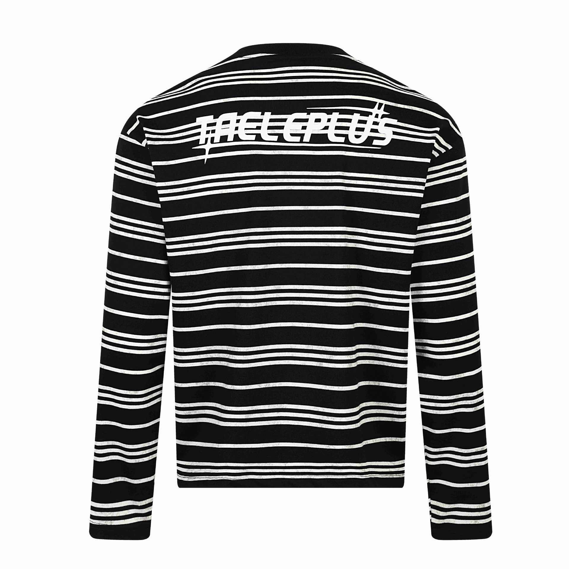 Distressed Black and White Striped Slogan Embroidered Loose Long Sleeve T-Shirt