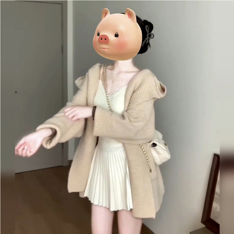 CasualVintage Loose Hooded Knit Cardigan Warm Soft Elegant Sweater Thick Coat Women's Top