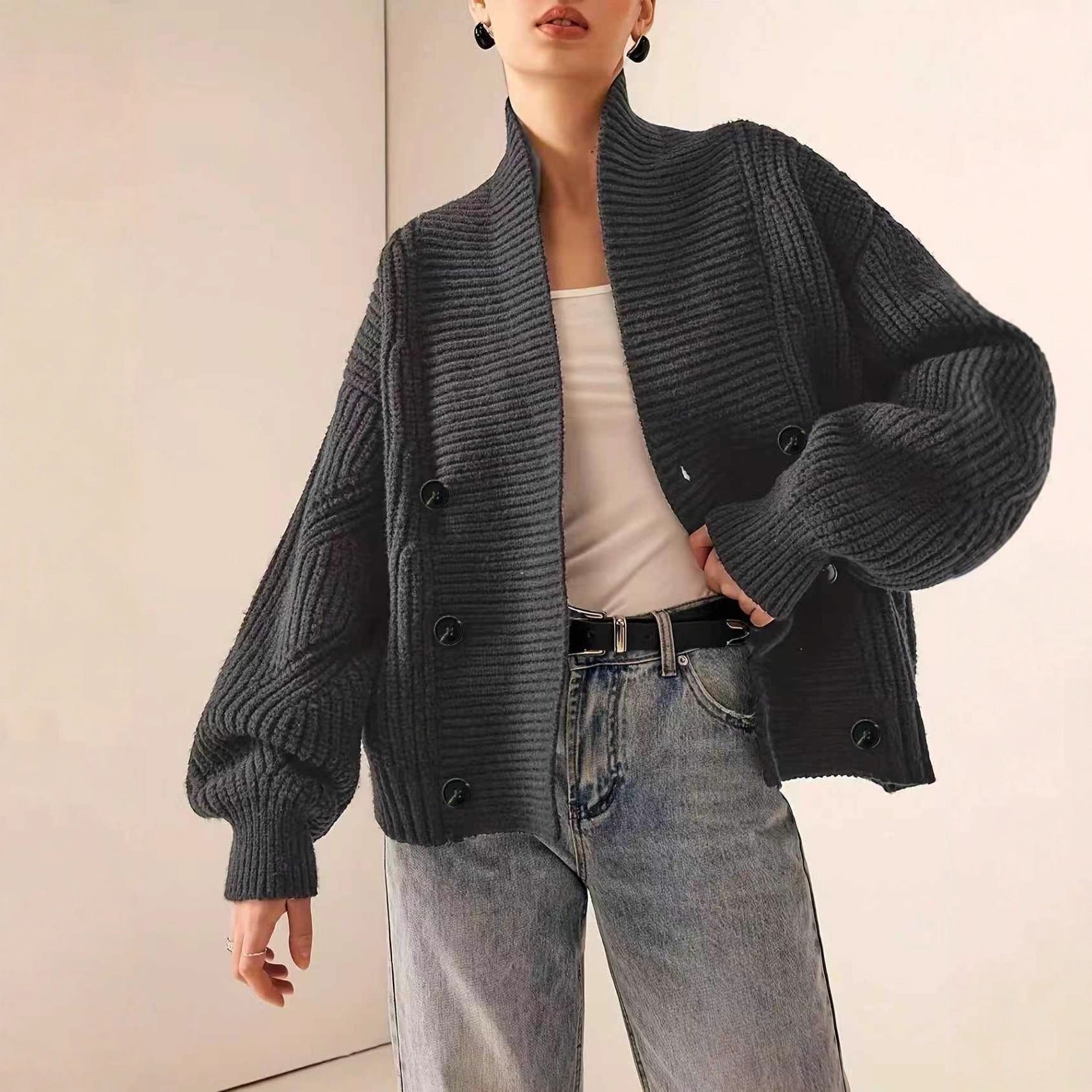 Elegant Casual Knit Cardigan with Loose Relaxed Stand-up Collar and Double-breasted Button Design