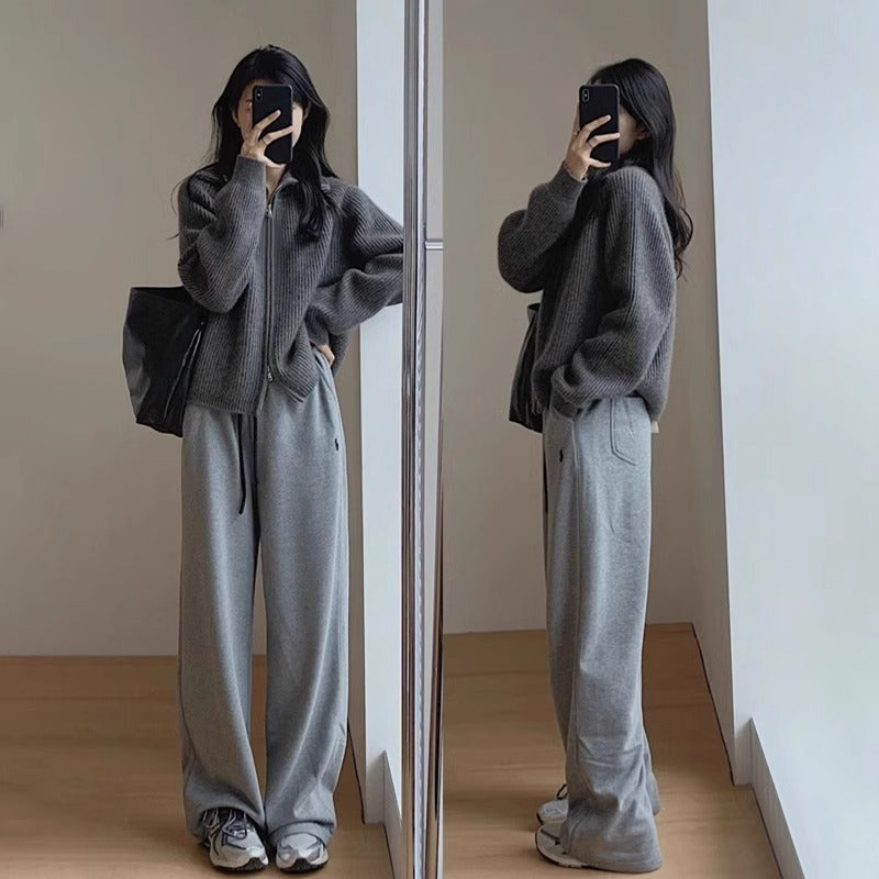 Vintage Gray Lapel Knit Cardigan Coat for Women, Spring and Autumn, Loose Bohemian Style, Wearable Double Zipper High Neck