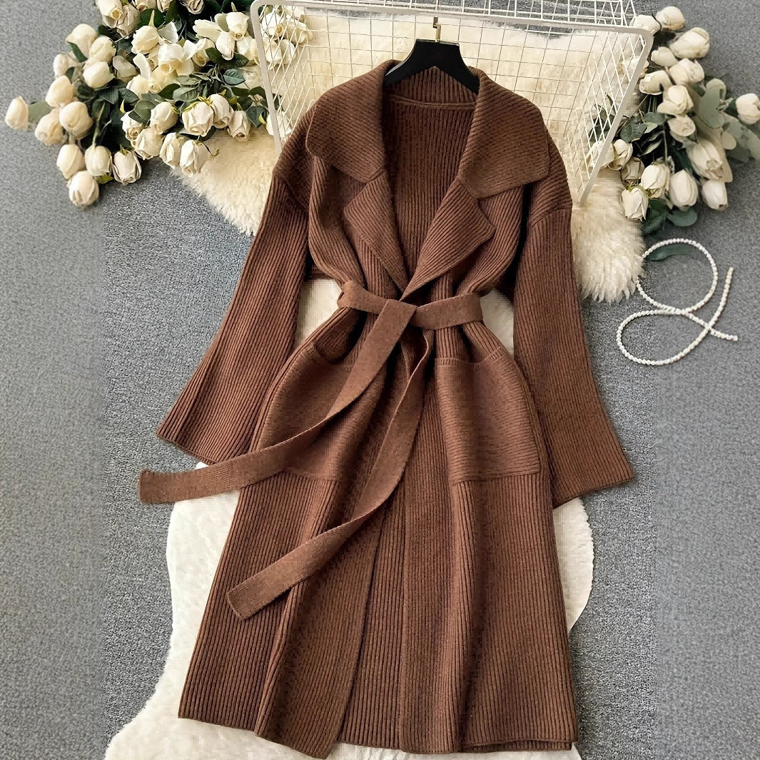 Elegant Minimalist Long Knit Cardigan Coat for Women, Fashionable Sweater Jacket