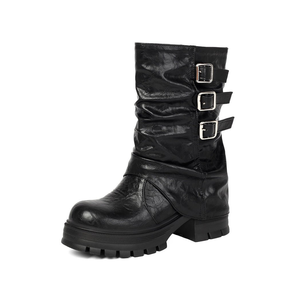 Brown Buckle Chunky Boots