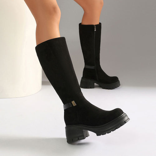 Black Knee-High Chunky Heel Boots