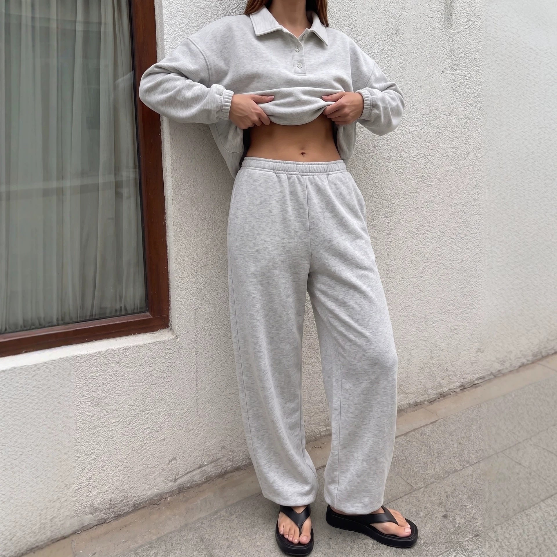 Long Sleeve Polo Shirt  Wide Leg Pants Fashion Sportswear Outfit