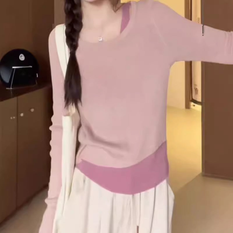 Chic Pink Knit Mock Two-Piece Long Sleeve T-Shirt for Women, Shoulder-Baring Top with Fashion Design