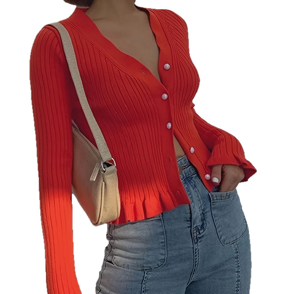 Women’s Elegant V-Neck Ruffle Knit Cardigan