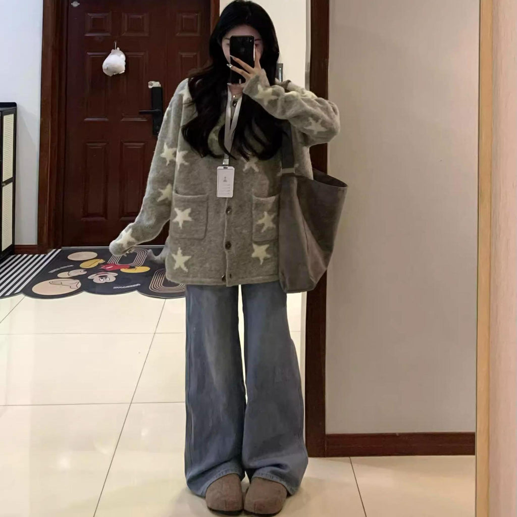 Gray Sweater Coat for Women Autumn Winter New Flip Collar Star Design Knit Cardigan Short Height Top