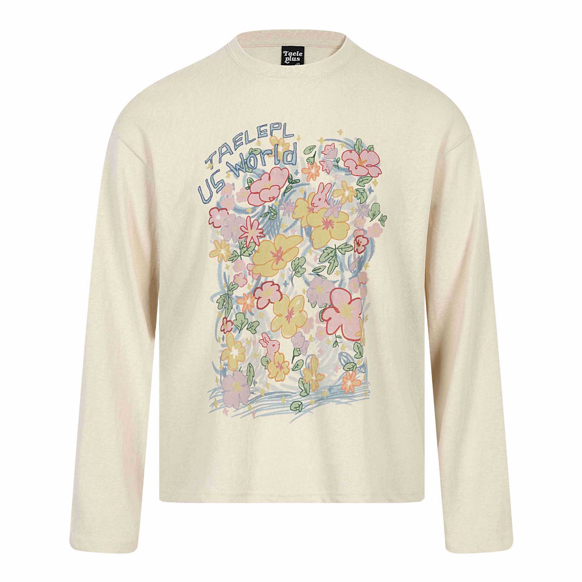 Floral Graffiti Print  Long Sleeve Round Neck Loose Fit T-Shirt