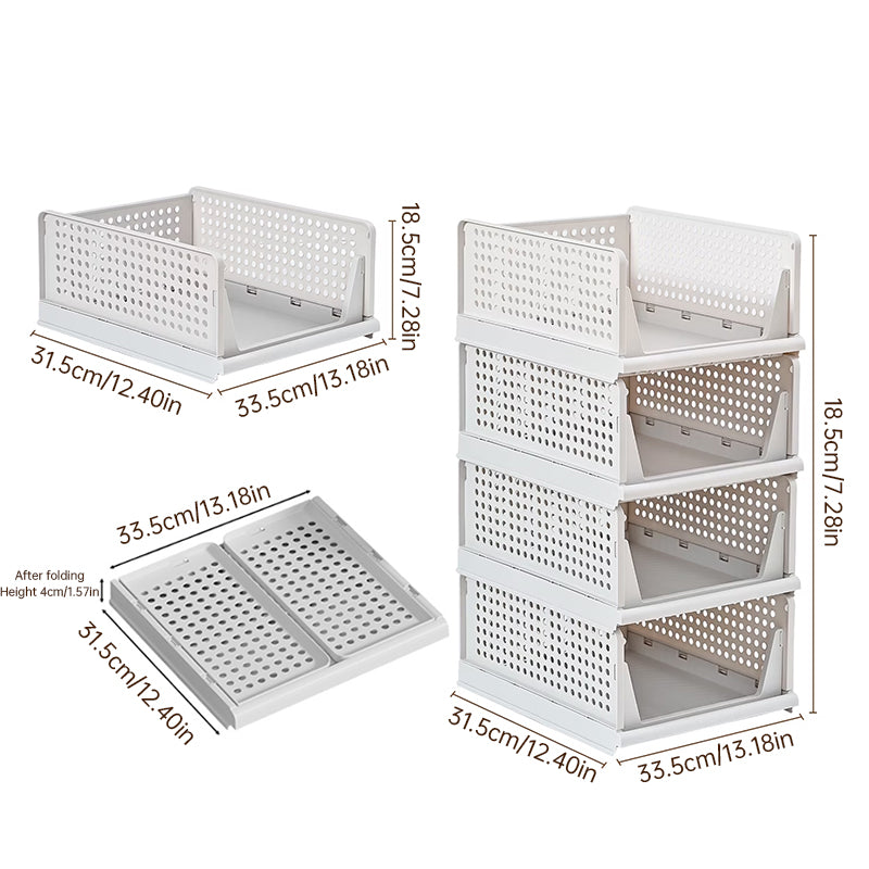 4-Pack Stackable Plastic Closet Organizer Bins – Foldable Storage Baskets with Slide-Out Rails