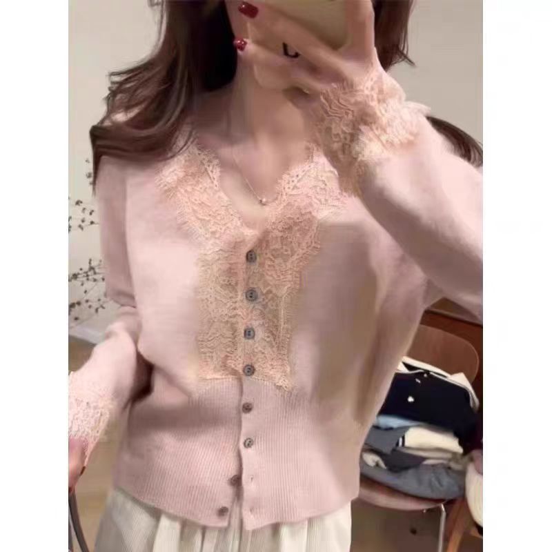 Lace Trim V-Neck Long Sleeve Knit Cardigan for Women, Versatile and Elegant Sweater Top