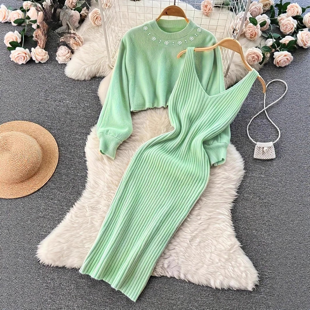 Elegant Knit Long Sleeve Sweater Top Comfortable Fitted Dress