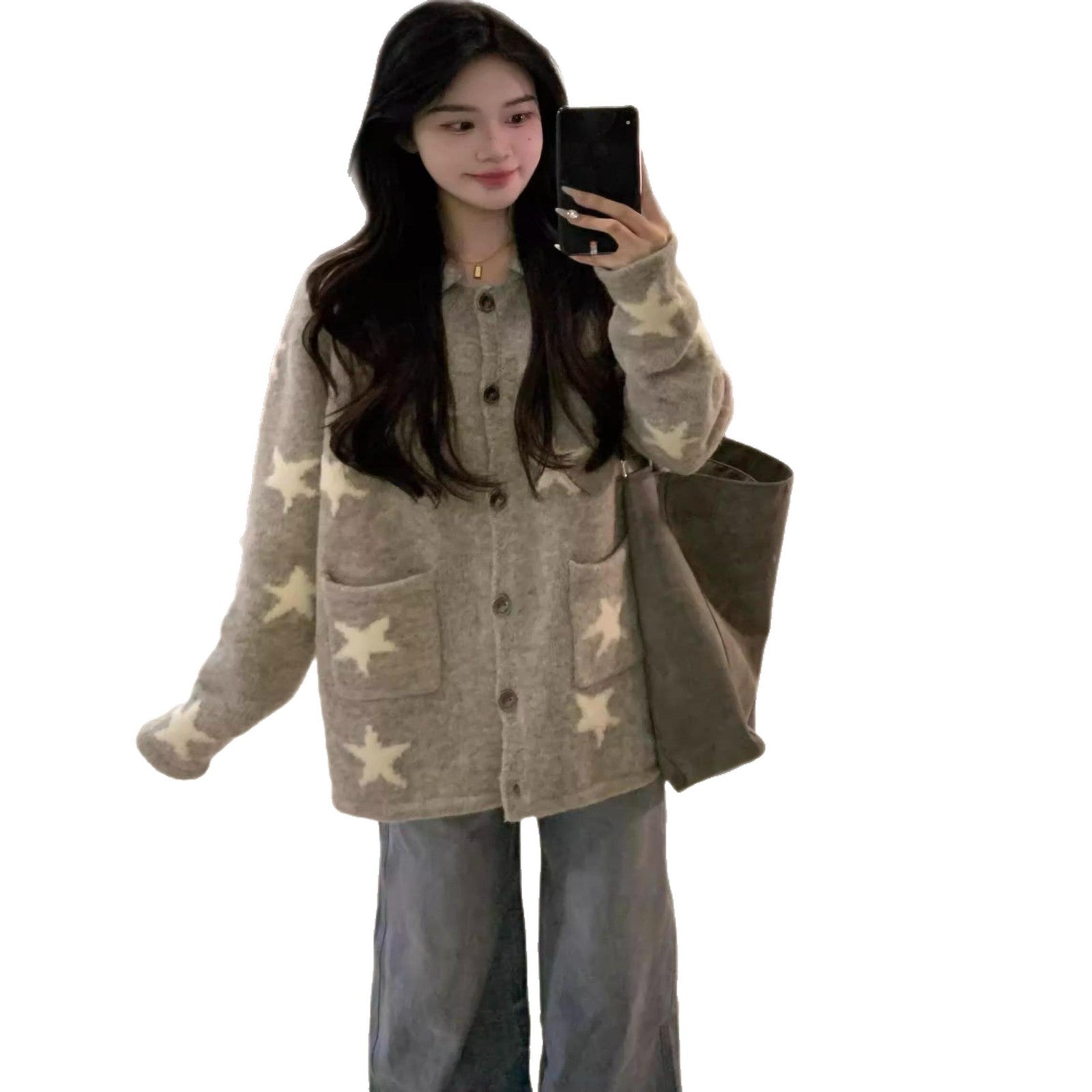 Gray Sweater Coat for Women Autumn Winter New Flip Collar Star Design Knit Cardigan Short Height Top