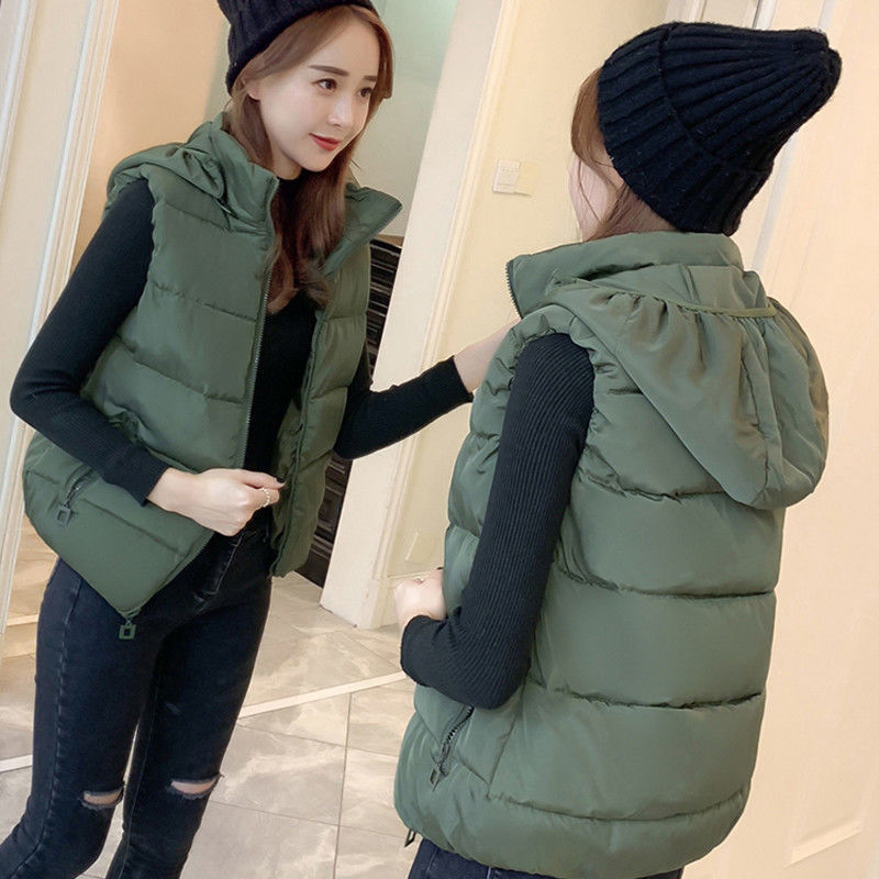 Removable HoodWomen's Short Cotton Vest Slim Fit Down Cotton Sleeveless Jacket Fashion