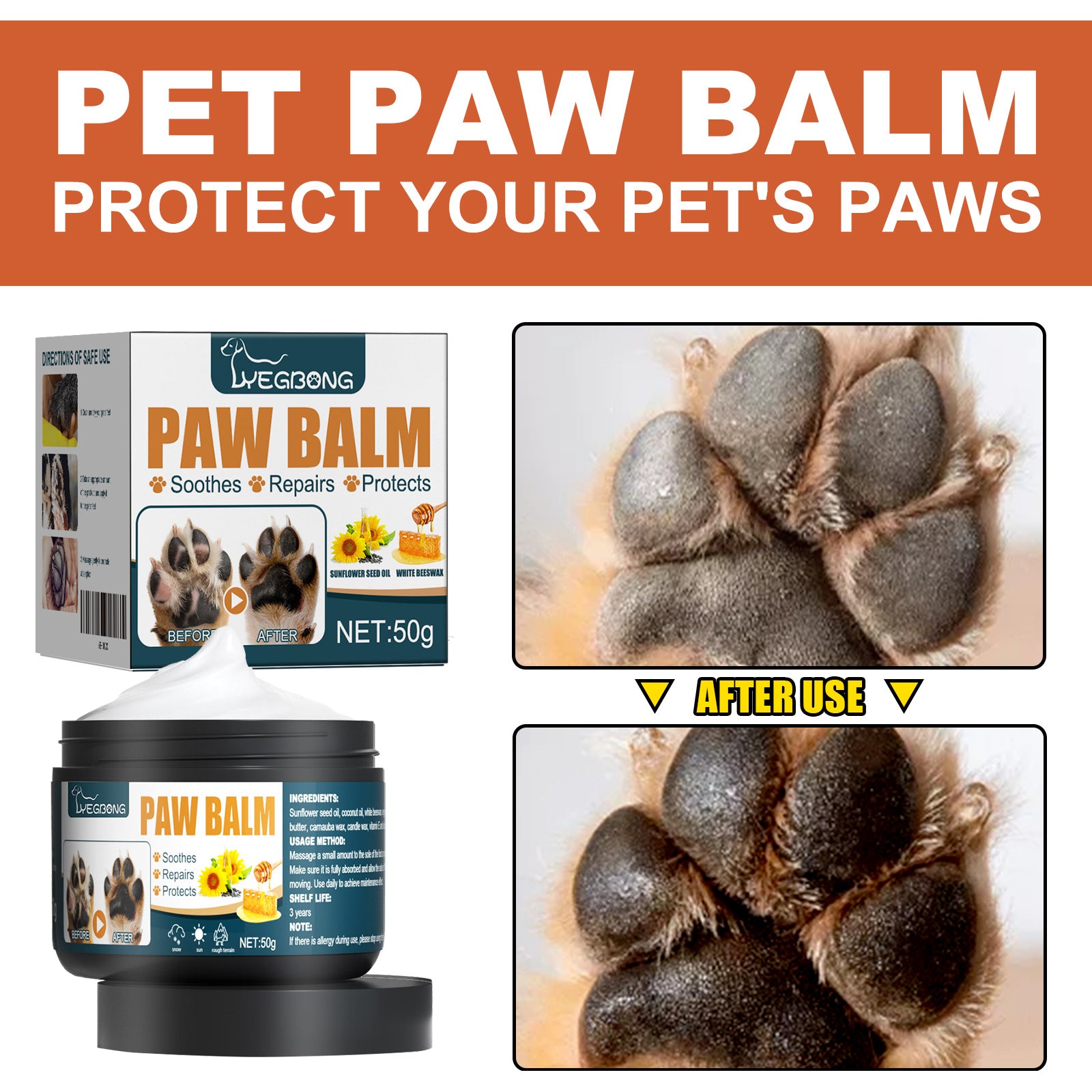 Yegbong Pet Paw Balm, Dog And Cat Foot Protection Pad Anti-Cracking Moisturizing Foot And Sole Care Cream