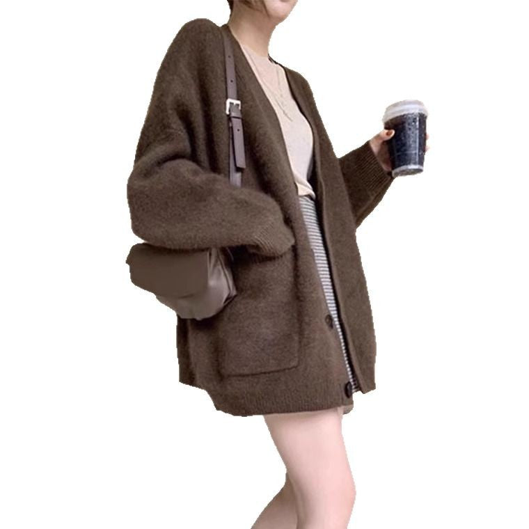 Faux Mink Knit Cardigan for Women, Mohair Soft Thick Loose Lazy Style Sweater Coat