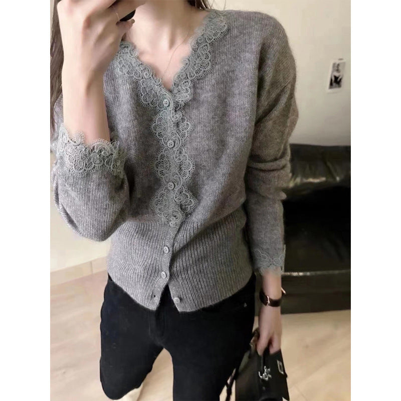 Lace Trim V-Neck Long Sleeve Knit Cardigan for Women, Versatile and Elegant Sweater Top