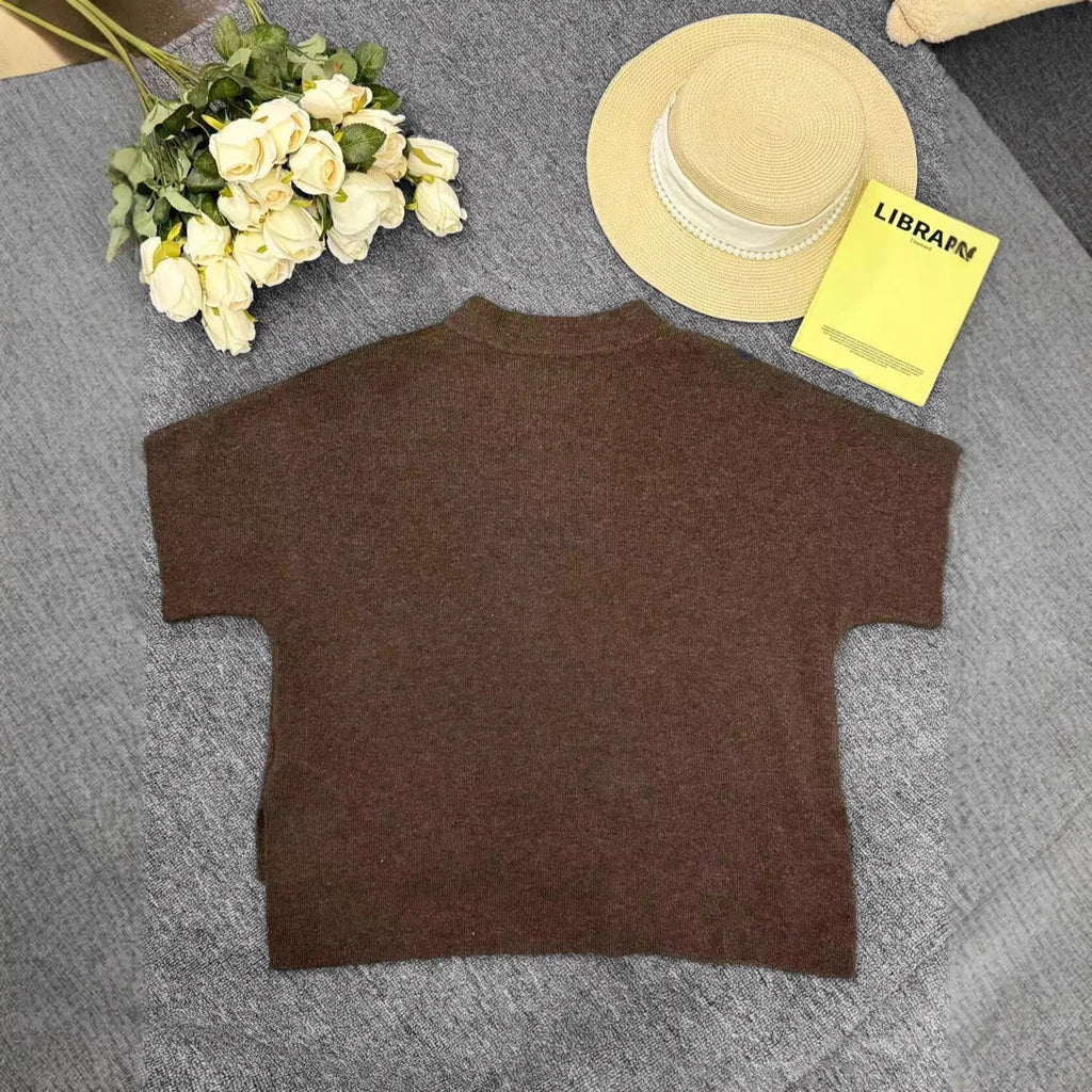 Elegant Casual Knitted Cardigan for Women, Solid Color Round Neck Short Sleeve Single Breasted Cardigan