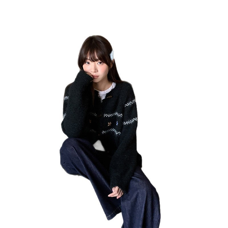 Soft Knit Sweater for Women with Horn Button and Embroidered Design Cozy and Comfortable, Retro Fashion, Spring and Autumn Wear