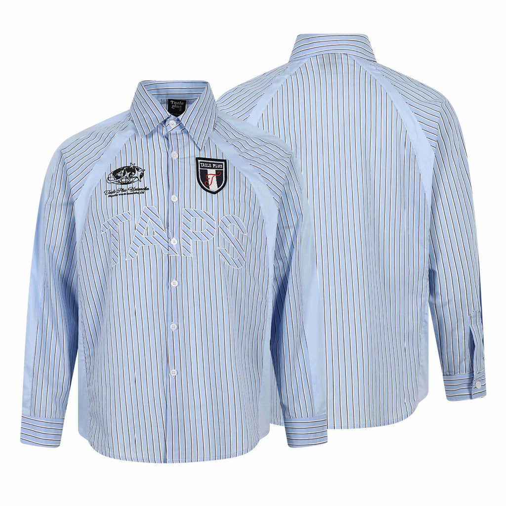 Trendy Striped Patch Ball Jersey Badge Loose Turn-down Collar Long Sleeve Shirt
