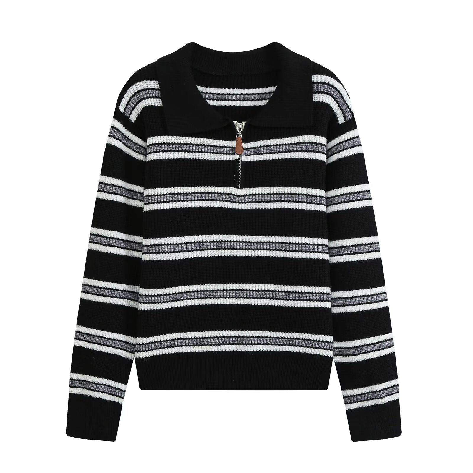 Lazy style simple casual zipper striped knitted sweater