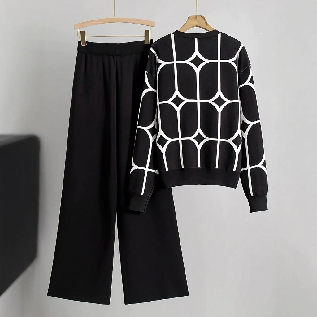 Chic Knit Two-Piece Set for Women, Floral Pattern V-Neck Cardigan, Fashionable and Versatile Outfit